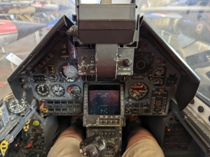 View from the pilot’s seat of a fighter jet.