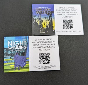 picture of two business card-sized flyers advertising free books.